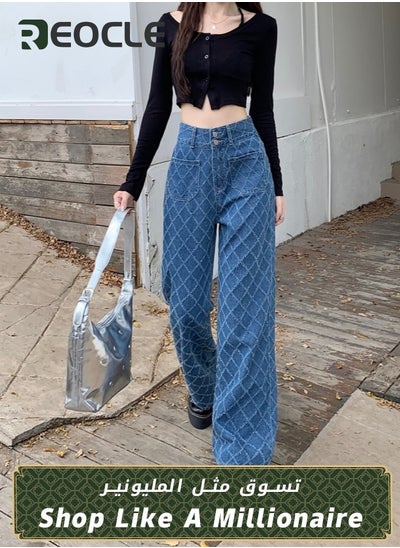 Buy Wide Leg Jeans for Women Luxury Trendy High Waisted Trousers with Retro Checkered Pattern and Metal Button Stretchy Denim Pants for Travel Date Party in UAE