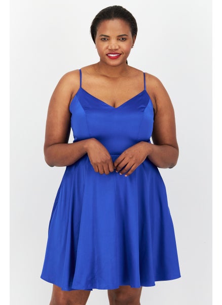 اشتري Women Plus Size Satin Solid  Mini  Dress, Royal في السعودية