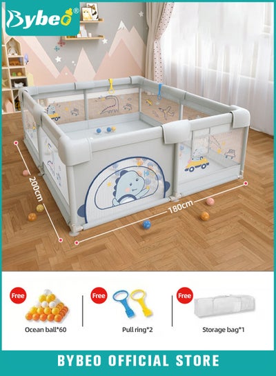 Buy Baby Playpen Fence, Portable Babies Playards for Toddlers, Safety Infant Activity Center,  Sturdy Play Area, with 2 Pull Rings, 60 Marine Balls and Storage Bag, 180x200cm in Saudi Arabia