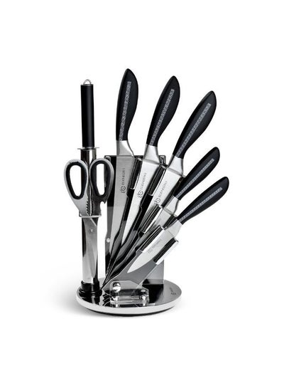 Buy EDENBERG Kitchen Knife Set | 8 pcs Chef Knife Set | Carbon Stainless Steel Knives Set | Super Sharp Cutlery Set with Rotate Stand- 8 Pcs (Silver & Black) in UAE