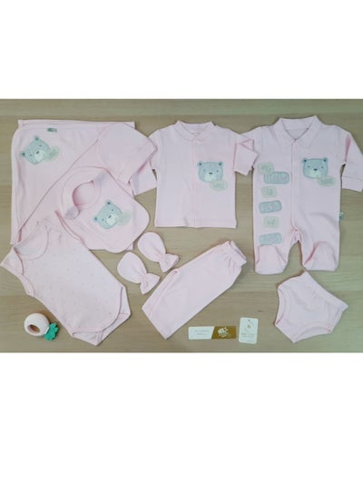 Buy Cotton set for a newborn baby in the hospital, consisting of ten pieces in a box, bear and square model, pink color in Egypt