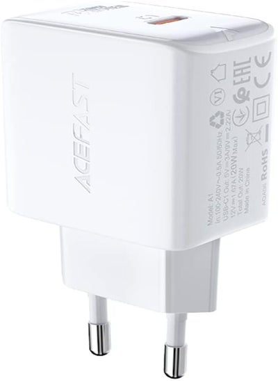 Buy ACEFAST A1 - PD20W Single USB-C Fast Charger (20W - 2.4A - 5V), Support PD20W, QC3.0/QC2.0, FCP, AFC Charging Protocols, Compatible With iPhone 13/12/11, Samsung, Xiaomi, Huawei, Oppo - White in Egypt