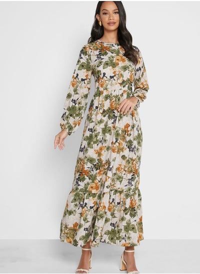 Buy Floral Print Shirred Dress in UAE