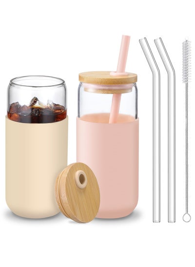 Buy 20 OZ Glass Cups with Bamboo Lids and Straws - Beer Can Shaped Drinking Glasses with Silicone Protective Sleeve Set, Iced Coffee Glasses, Cute Tumbler Cup for Water, Tea in Saudi Arabia