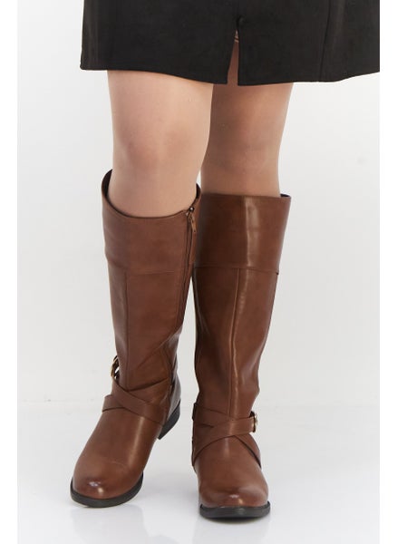 Buy Women Adjustable Buckle Knee Boots, Brown in UAE