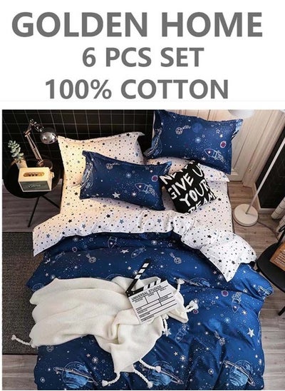 Buy 6-Piece Single Size Cotton Printed Combination Duvet Cover Set Includes 1xFitted Bedsheet 120x200+30cm, 1xDuvet/Bed Cover 160x210 cm, 2xPillowcase 55x80cm, 2xCushion Case 45x70cm Multicolour in UAE