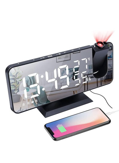 اشتري Projection Alarm Clock for Bedroom, Digital Alarm Clock with USB Charger, 7.4" Large LED Mirror Display Radio Alarm Clock, Dual Smart Alarm with Projection on Ceiling في الامارات