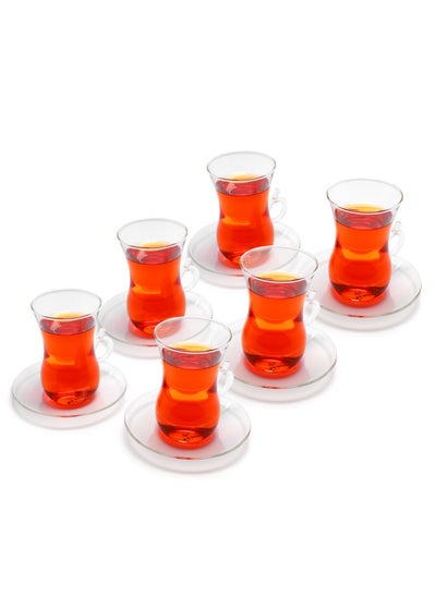 اشتري 200ml Each Turkish Tea Glasses Cups and Saucers Set of 6 Teacups with Handle, Borosilicate Glass , Heat Resistant , Light Weight Clear في الامارات