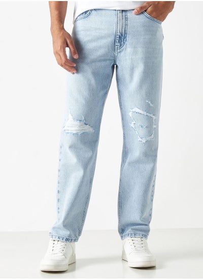 Buy Light Wash Straight Fit Ripped Jeans in Saudi Arabia