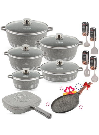 Buy Cookware Set 17 pieces - Pots and Pans set Granite Non Stick Coating 100% PFOA FREE, Die Cast aluminum Cooking Set include Casseroles & Shallow Pot & Pancake Pan & Silicone Utensils in UAE