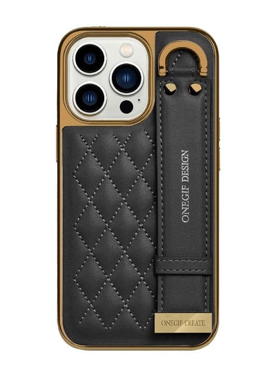 اشتري iPhone 14 Pro Case with Hand Strap Holder Shockproof Luxury Leather Plating Wrist Strap Grip Cover Black في الامارات