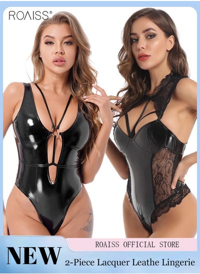 Buy 2-Piece One Piece Lace Patent Leather Cut-Out Jumpsuit Wife Girlfriend Tight Design Night Nightwear in UAE