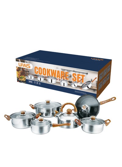 Buy Stainless steel 12 piece pot wood grain handle with kettle pot and pan combination kitchen cooking pot set in Saudi Arabia