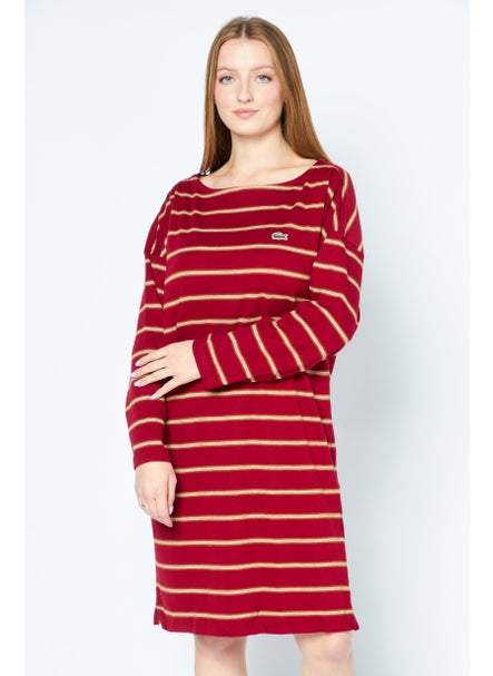 Buy Women Boat Neck Stripe Long Sleeve Midi Dress, Maroon Combo in Saudi Arabia