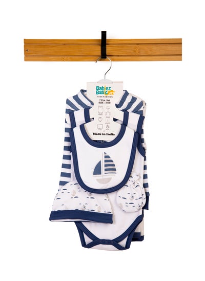 اشتري 7 Piece Unisex 100% Cotton Gift Set Include Bib, Blanket, Mitten, Cap, Romper, Top And Bottom Set, Blue في الامارات