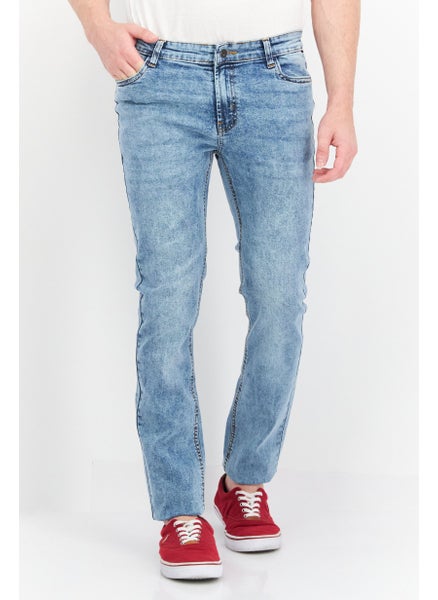 Buy Men Straight Fit Washed Stretchable Denim Jeans, Light Blue in Saudi Arabia