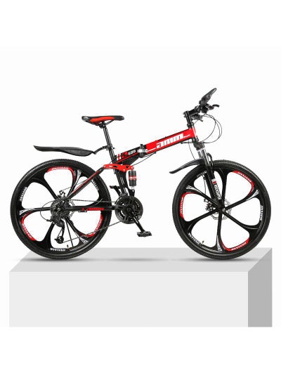 Buy 26 Inch Folding Mountain Bike, 24 Speed Full Suspension High-Carbon Steel Foldable Bicycle, Dual Disc Brake Non-Slip Folding Bikes for Adults/Men/Women，Shock Absorption, 6-Blade Wheel in Saudi Arabia