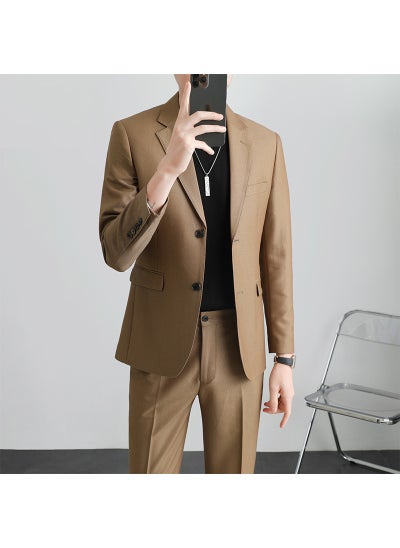 Buy High-end Suit for Boys Light Mature Korean Style Casual Slim-fit Coat Spring and Autumn Fashionable Single Top for Working Youth Curry [Single West]] in UAE