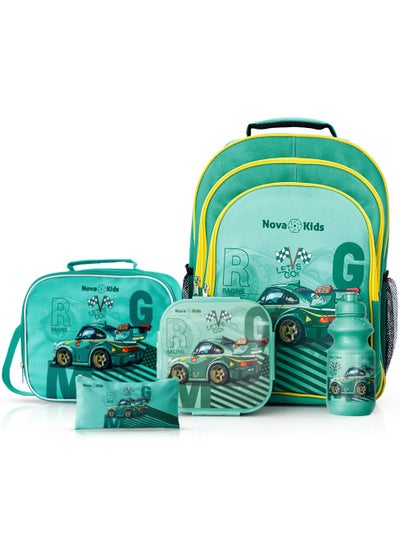 اشتري Nova Kids 16 Inch School Bag with Lunch Bag, Pencil Pouch, Lunch Box and Water Bottle - Car Racing - Green في الامارات