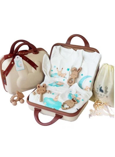 Buy Baby Giftset for Newborn with Rompers and wooden toys in Cute Suitcase in Bunny Theme for Girls and Boys in UAE