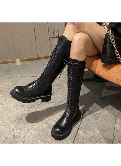 Buy 2023 Womens Thick-Sole Knee-High Boots with Straps# Black-fleece-lined # Black-fleece-lined in UAE