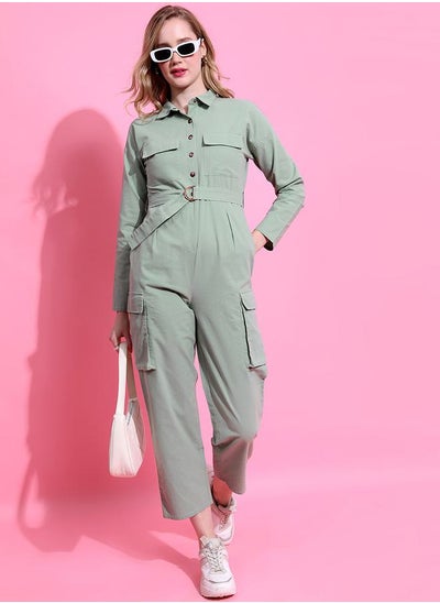 اشتري Solid Collared Cargo Jumpsuit With Belt في السعودية