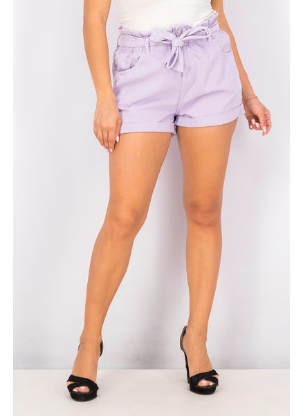 Buy Women Belted Casual Denim Short, Violet in Saudi Arabia