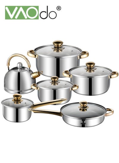 Buy 12PCS Stainless Steel pots and pans Kitchen Cookware Set Works with Induction Electric and Gas Cooktops Dishwasher Pots and Pans Kitchen Cooking Set with Stay-Cool Handles in UAE