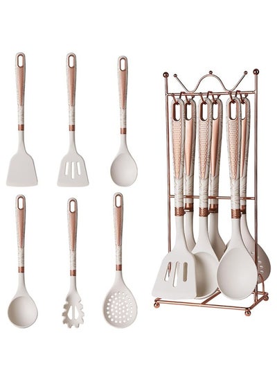 Buy 7 Pcs Silicone Cooking Utensils Set, Luxury Kitchen Utensils Set with Hanging Shelf, Heat Resistant Spatula Turner Set for Nonstick Cookware, Kitchenware Sets for Kitchen, Home, Restaurant (White) in Saudi Arabia