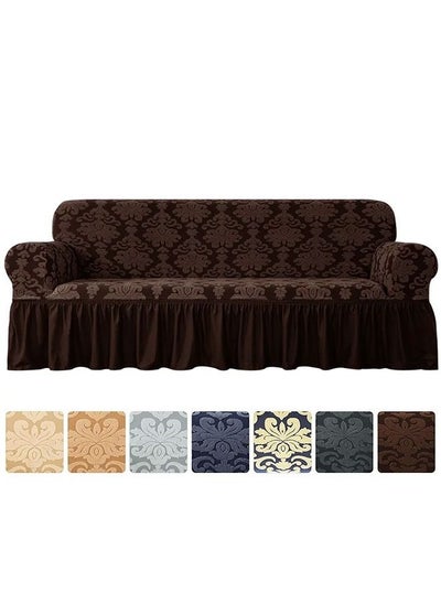 اشتري Three Seater Stretchable Sofa Cover with Ruffle Skirt Brown 185x235cm في السعودية