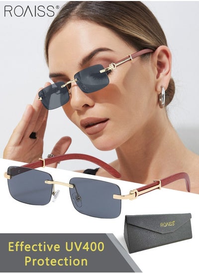 Buy Women's Rectangular Rimless Sunglasses, UV400 Protection Sun Glasses with Wooden Texture Temples and Grey Lens, Fashion Anti-glare Sun Shades for Women with Glasses Case, 53mm in UAE