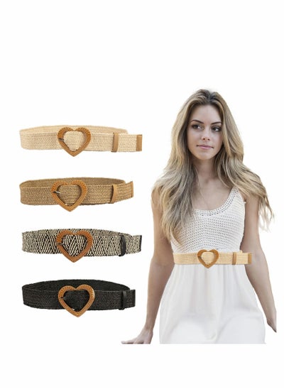 اشتري 4 Pcs Straw Woven Elastic Stretch Waist Belt Skinny Dress Belt For Women Bohemian Ladies Dress Belts في الامارات