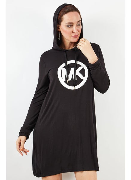 Buy Women Long Sleeve Brand Logo Hooded Shirt Dress, Black/White in UAE