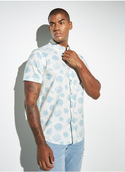 Buy Lee Cooper All-Over Graphic Print Oxford Shirt with Short Sleeves in Saudi Arabia