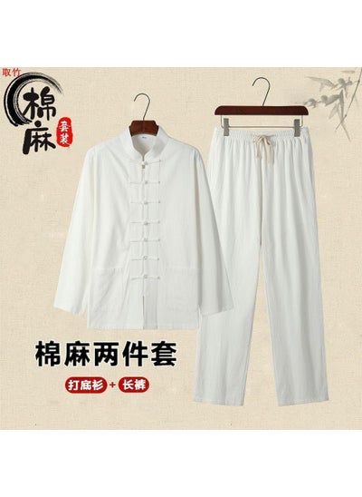 Buy Mens Cotton Linen Tang Suit Set Chinese Style Tea Attire White two-piece [jacket pants]] in UAE