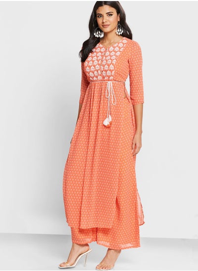 Buy Orange Embroidered Side Slit Kurta in UAE