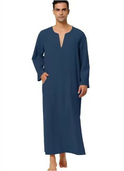 Buy Men's Muslim Solid Color Loose Robe Thobe Long Sleeve Side Split Kaftan Navy Blue in Saudi Arabia