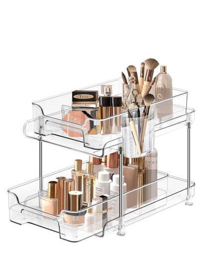 Buy Under Sink Organizer, 2 Tier Bathroom Organizer, Clear Organizer with Dividers and Cups, Multi-Purpose Slide-Out Storage Container for Cabinet, Fridge, Kitchen, Makeup, Office Desk in UAE