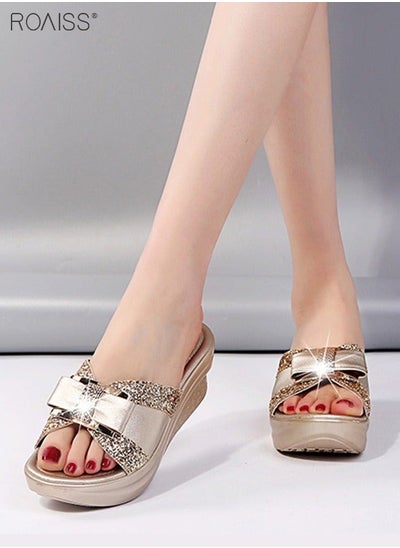 اشتري Women's Fashion Wearing Slope Heel Sandals Thick Soled Sequin Bow Slippers Smooth Shiny Open Toe Slippers في السعودية