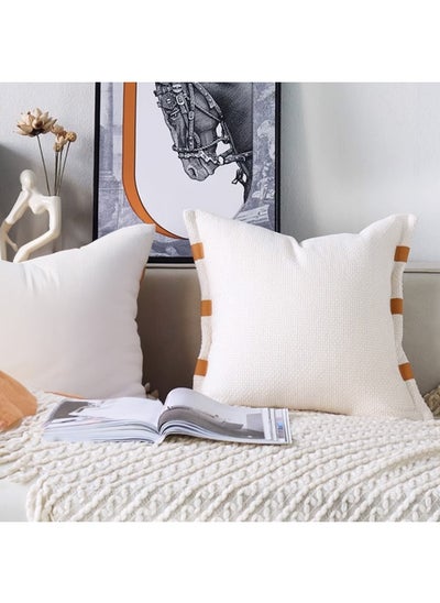 اشتري 45X45 Cm White Edge Leather Cushion Kd2352 -White/Caramel في الامارات