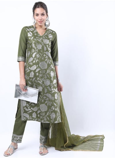 اشتري Floral Foil Print Straight Kurta and Straight Leg Pant with Dupatta Set في السعودية