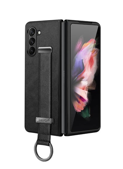 Buy For Samsung Galaxy Z Fold 6 Case, Premium Leather Business Case with Wrist Strap Grip Holder, Full Lens Protection, Shockproof Ultra-thin Case (Black) in UAE