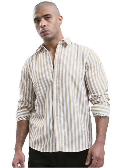 Buy Light Beige & White Full Buttons Long Sleeve Shirt in Egypt