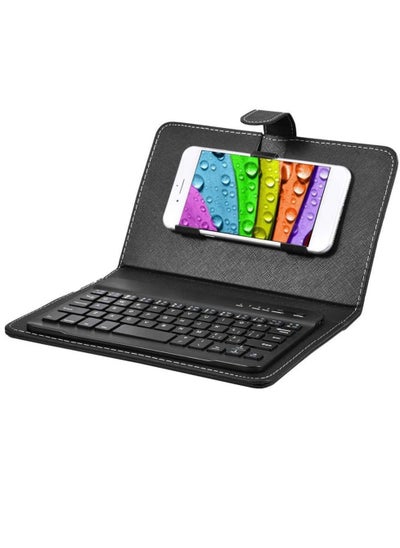 اشتري Portable Wireless Bluetooth Keyboard with Leather Case Mini Universal Stand Cover for 4.5'' 6.8'' iOS Android and Windows Smart Phones Black في السعودية