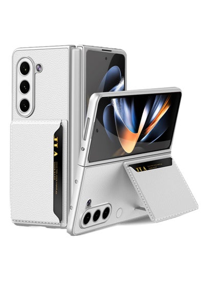 اشتري Luxury PU Leather Case for Samsung Galaxy Z Fold 5 5G - Shockproof Wallet Card Slot Cover with Kickstand - Silver في الامارات