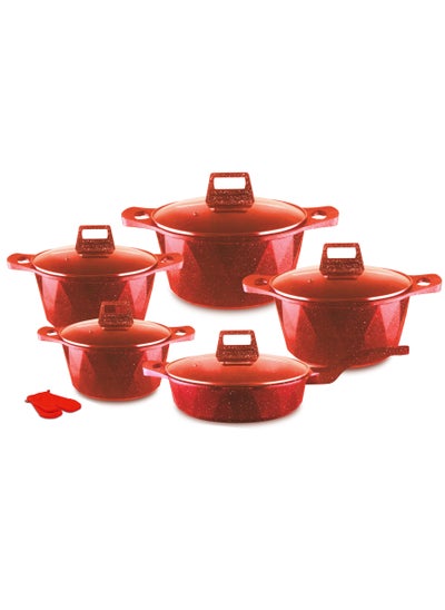 Buy 12-piece Marble Cookware Set Aluminum Pots And Pans With Non-stick Surface Glass Lids PFOA-free Red 20-24-28-32 Cm (deep Stockpot) + 28 Cm (deep Frying Pan) + Pair Of Gloves in UAE