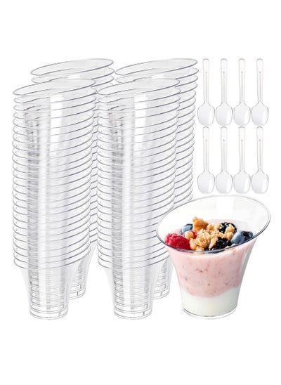 اشتري Slanted Round Dessert Appetizer Tumbler Cups 100 Pack 6oz Clear Plastic Dessert Cups with 100 Plastic Spoons Slanted Cylinder Disposable Cups Great for Event and Party في السعودية