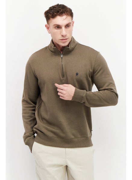 اشتري Men High Neck Long Sleeves Embroidered Logo Sweatshirt, Khaki في الامارات