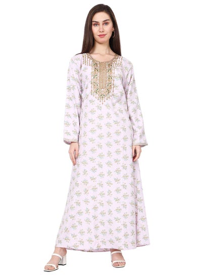 اشتري UNIQUE STYLISH EMBROIDERY WITH FLORAL PRINTED ARABIC KAFTAN JALABIYA DRESS في السعودية