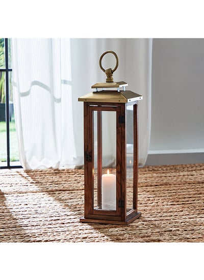 اشتري Linton Natural Wood Lantern with Stainless Steel Gold Finish 20.3 x 65.5 x 20.3 cm في الامارات